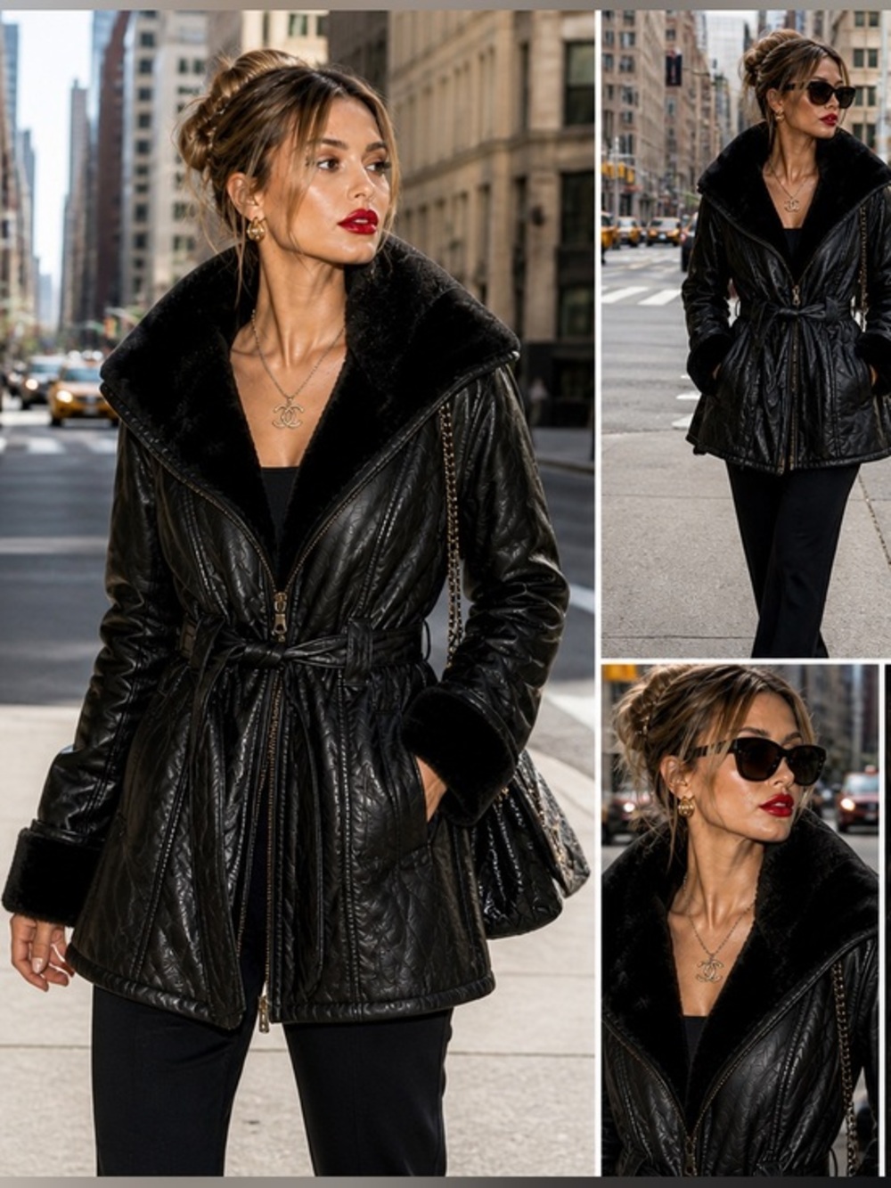 Y2K Wilsons Leather Faux Fur Lined Hooded Belted  Coat Hollywood Glam Mob Wife